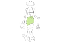 a drawing of a woman in a green dress and hat