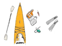 a sketch of a kayak, paddle, and other items